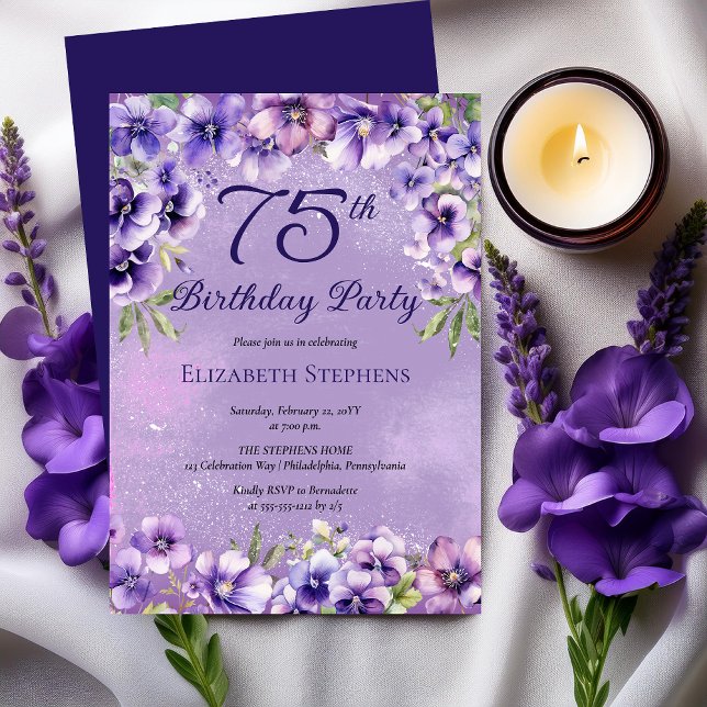 Convite Elegant Purple Violets Floral 75th Birthday Party  (Elegant Purple Violets Floral 75th Birthday Party Invitation)