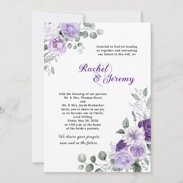 Convite Elegant Purple Watercolor Floral Wedding (Frente)