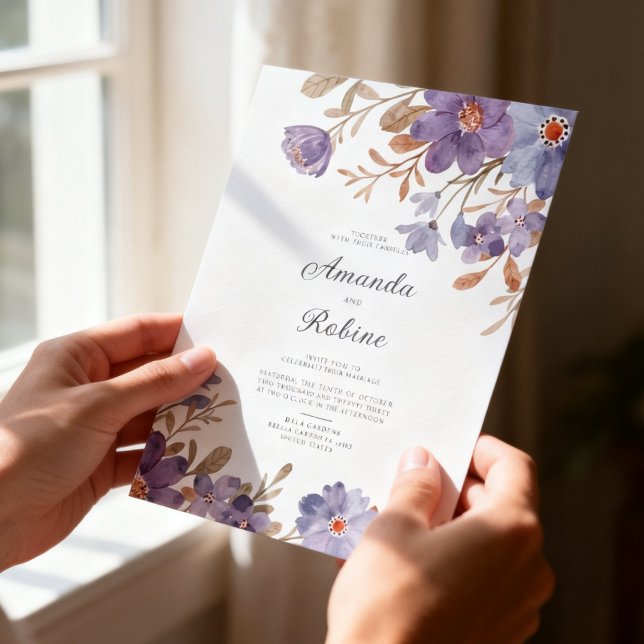 Convite Elegant Purple Watercolor Floral Wedding (Criador carregado)