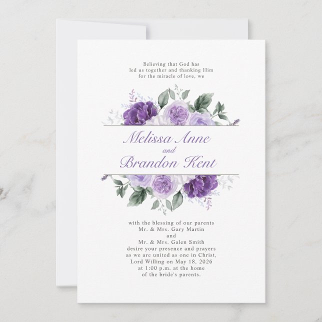 Convite Elegant Purple Watercolor Floral Wedding (Frente)