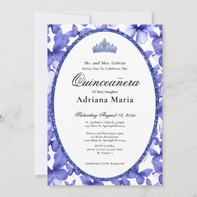 Convite Elegant Quinceanera Invitation Blue Butterflies (Frente)