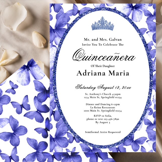 Convite Elegant Quinceanera Invitation Blue Butterflies (Criador carregado)