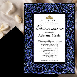 Convite Elegant Quinceanera Invitation Blue Scrollwork
