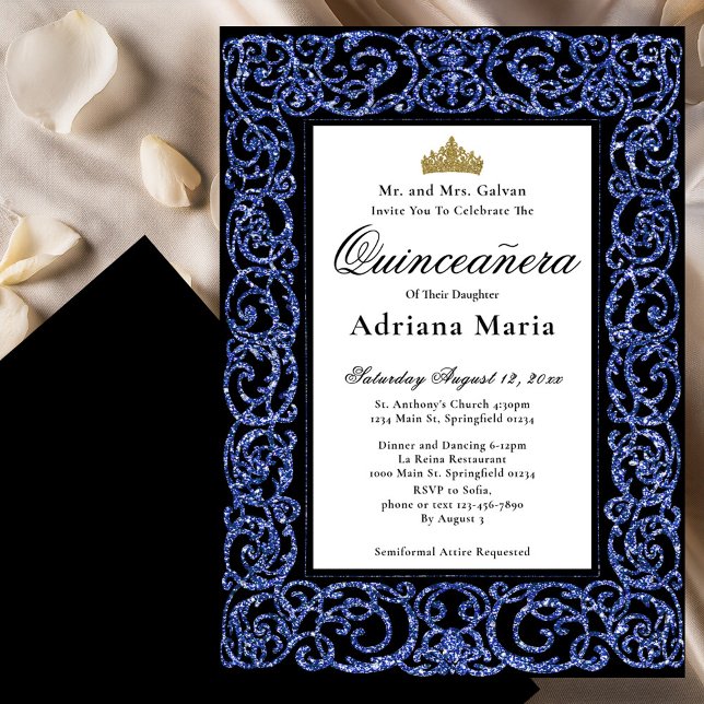 Convite Elegant Quinceanera Invitation Blue Scrollwork (Criador carregado)
