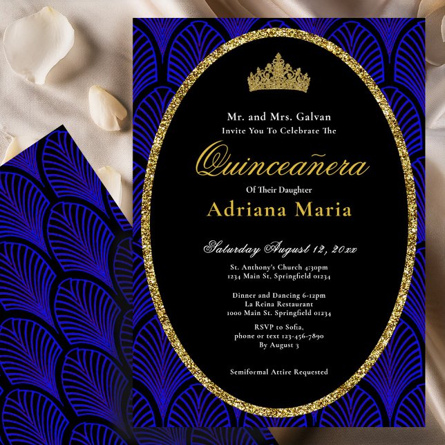 Convite Elegant Quinceanera Invitation Gold Blue Art Deco (Criador carregado)