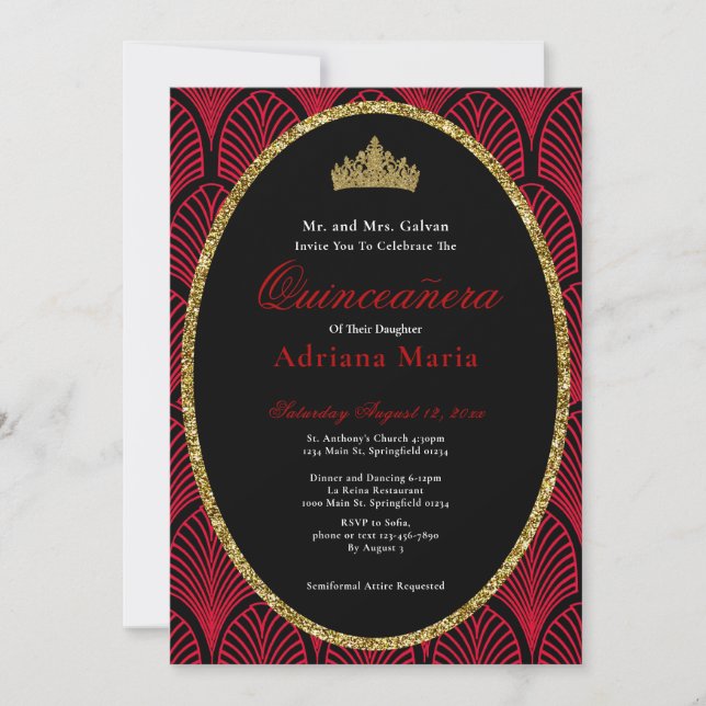 Convite Elegant Quinceanera Invitation Gold Red Art Deco (Frente)