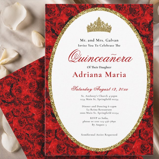 Convite Elegant Quinceanera Invitation Gold Red Floral  (Criador carregado)