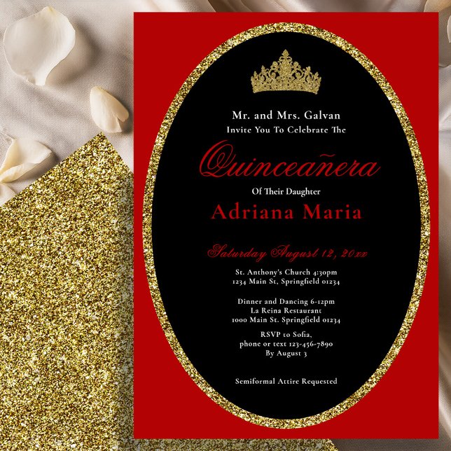 Convite Elegant Quinceanera Invitation Gold Red Glitter (Criador carregado)