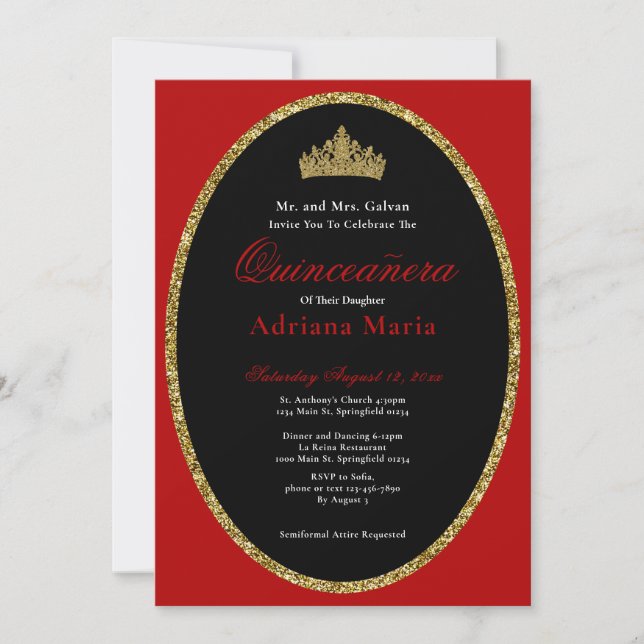 Convite Elegant Quinceanera Invitation Gold Red Glitter (Frente)