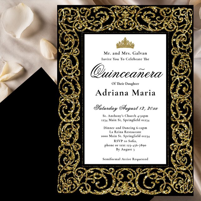 Convite Elegant Quinceanera Invitation Gold Scrollwork (Criador carregado)