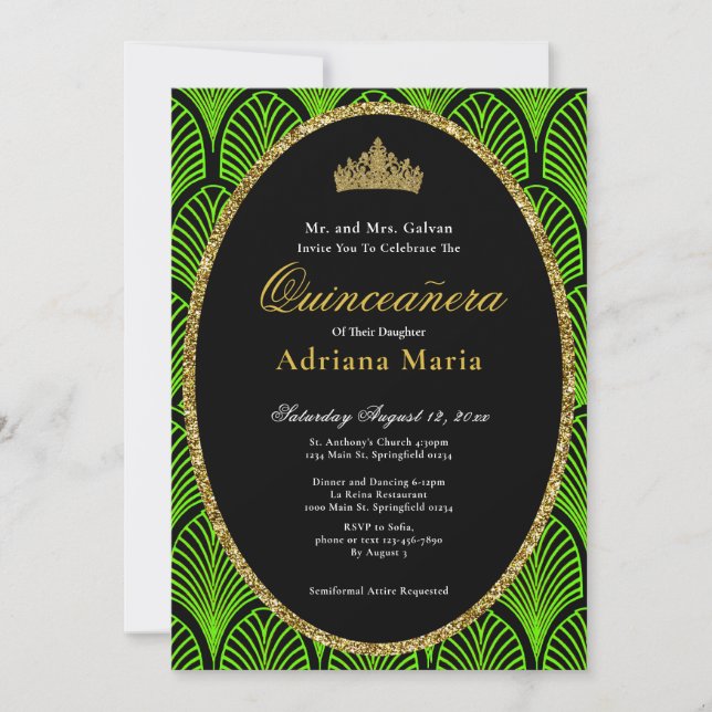 Convite Elegant Quinceanera Invitation Green Art Deco (Frente)