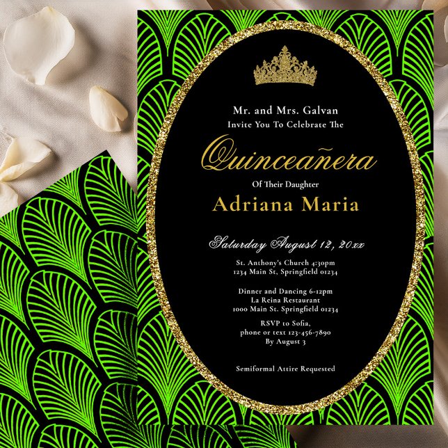 Convite Elegant Quinceanera Invitation Green Art Deco (Criador carregado)