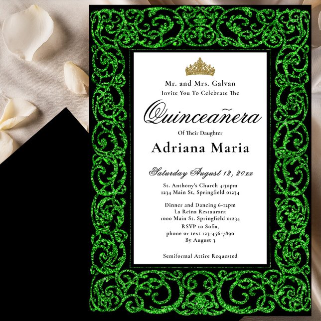 Convite Elegant Quinceanera Invitation Green Scrollwork (Criador carregado)