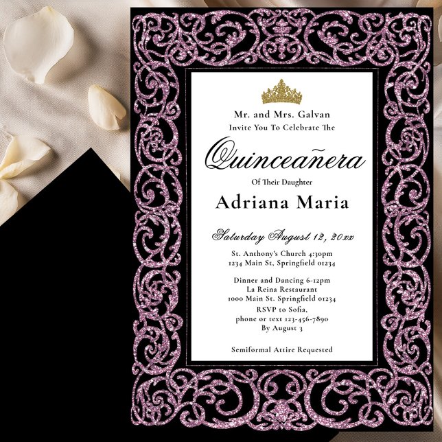 Convite Elegant Quinceanera Invitation Pink Scrollwork (Criador carregado)
