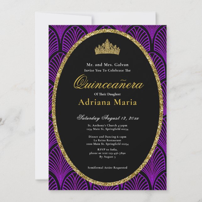 Convite Elegant Quinceanera Invitation Purple Art Deco (Frente)