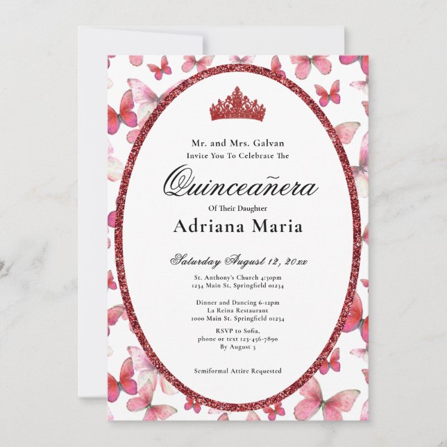 Convite Elegant Quinceanera Invitation Red Butterflies (Frente)