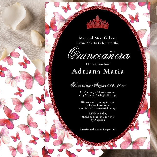Convite Elegant Quinceanera Invitation Red Butterflies (Criador carregado)
