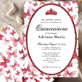 Convite Elegant Quinceanera Invitation Red Butterflies