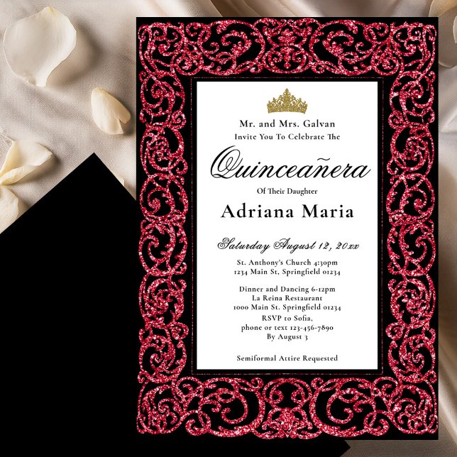 Convite Elegant Quinceanera Invitation Red Scrollwork (Criador carregado)