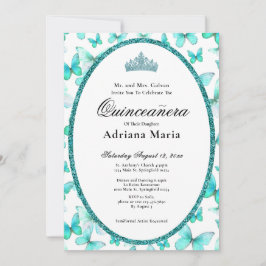 Convite Elegant Quinceanera Invitation Teal Butterflies