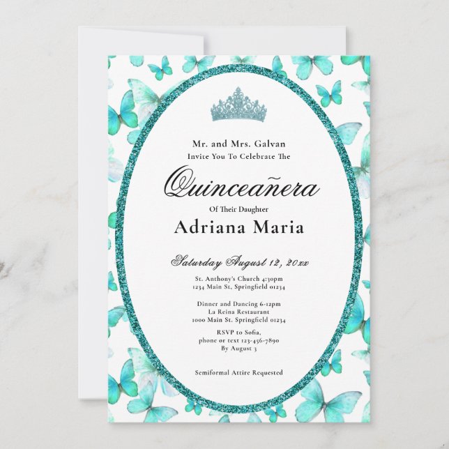 Convite Elegant Quinceanera Invitation Teal Butterflies (Frente)