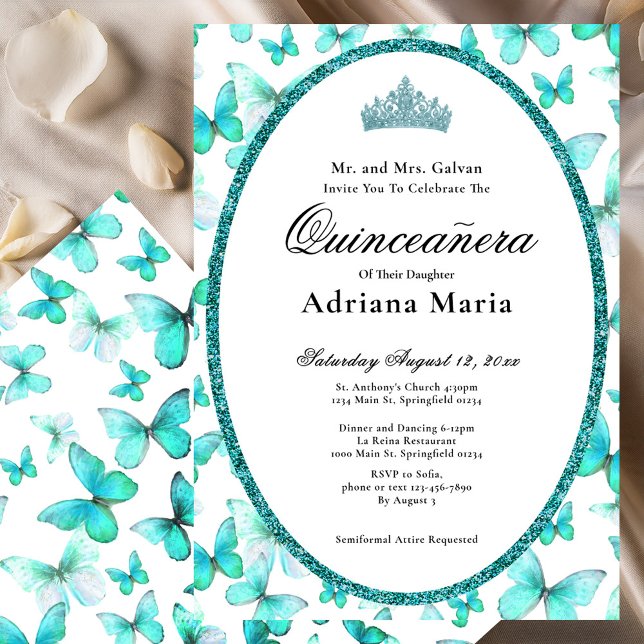Convite Elegant Quinceanera Invitation Teal Butterflies (Criador carregado)