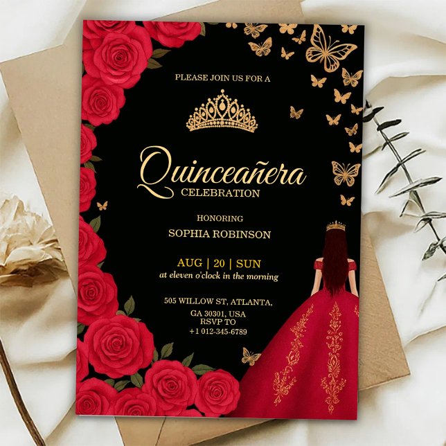 Convite Elegant Quinceañera invitation with red roses (Criador carregado)