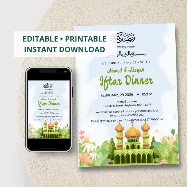 Convite Elegant Ramadan Iftar Invitation with Green Mosque (Criador carregado)