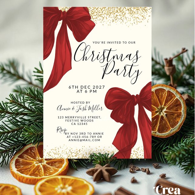 Convite Elegant Red and Gold Christmas Party invitation (Elegant Christmas Party invitation template with red watercolor bows and gold glitter border frames)