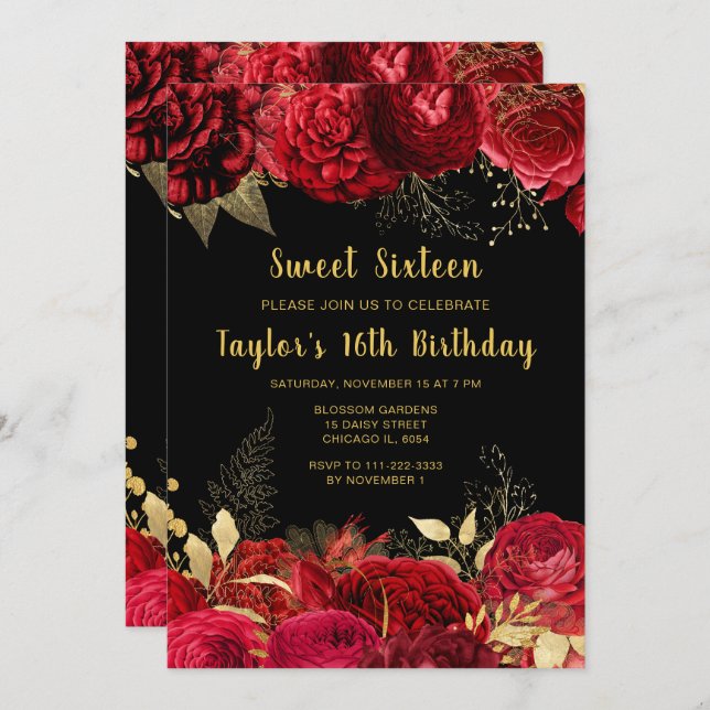 Convite Elegant Red and Gold Flowers Sweet Sixteen (Frente/Verso)
