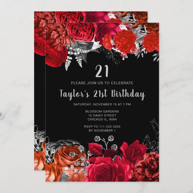 Convite Elegant Red and Silver Flowers Birthday Party (Frente/Verso)