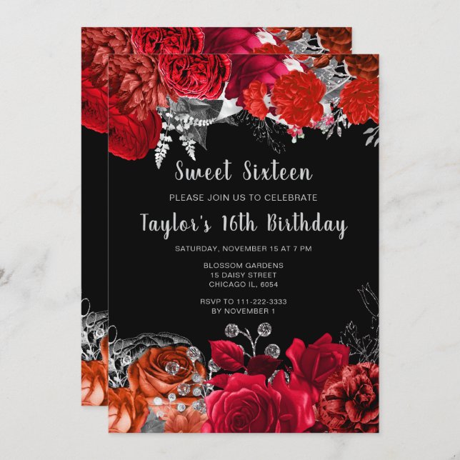 Convite Elegant Red and Silver Flowers Sweet Sixteen (Frente/Verso)