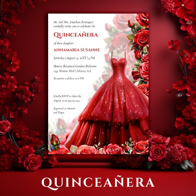 Convite Elegant Red Ball Gown Red Roses Quinceanera | (Criador carregado)