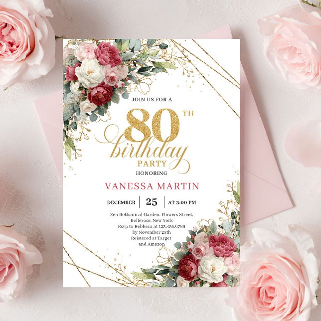 Convite Elegant Red Blush Floral 80th Birthday Invite (Elegant Red Blush Floral 80th Birthday Invite)