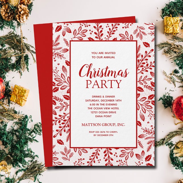Convite Elegant Red Botanicals Christmas Party (Elegant red botanicals Christmas party invitations, PRINTED and/or INSTANT DOWNLOAD)