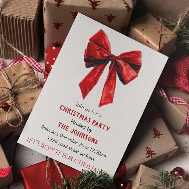 Convite Elegant Red Bow Christmas Party Invitation (Criador carregado)