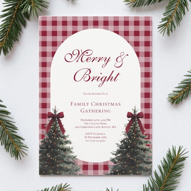 Convite Elegant Red Bow Gingham Family Christmas Party (Elegant Red Bow Gingham Family Christmas Party Invitation)