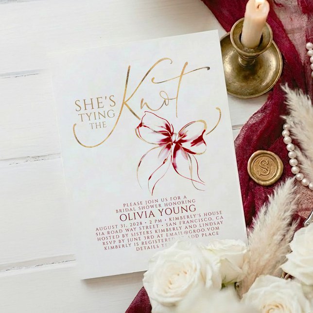 Convite Elegant Red Bow She's Tying The Knot Bridal Shower (Red Bow Bridal Shower Invitation)