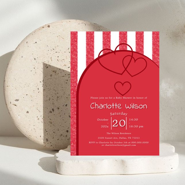 Convite Elegant Red Chalk Stripe Triple Hearts Baby Shower (Criador carregado)