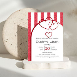 Convite Elegant Red Chalk Stripe Triple Hearts Baby Shower