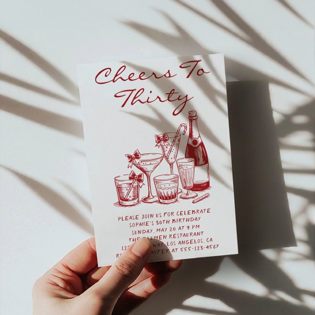 Convite Elegant Red Cheers to Thirty Cocktail Birthday (Criador carregado)