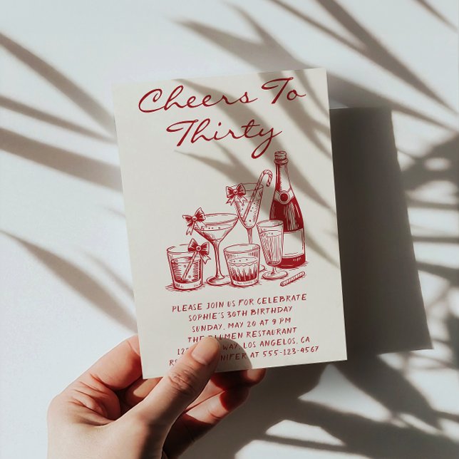 Convite Elegant Red Cheers to Thirty Cocktail Birthday (Criador carregado)