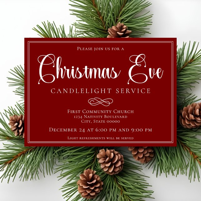 Convite Elegant Red Christmas Eve Candlelight Service (Criador carregado)