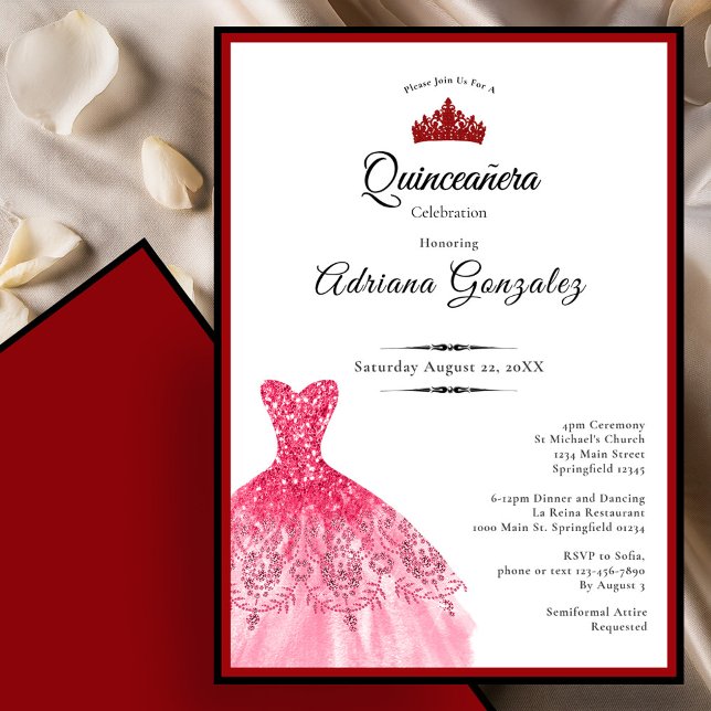 Convite Elegant red dress 15th birthday Quinceanera (Criador carregado)