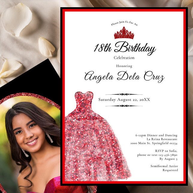 Convite Elegant red dress 18th birthday debut (Criador carregado)