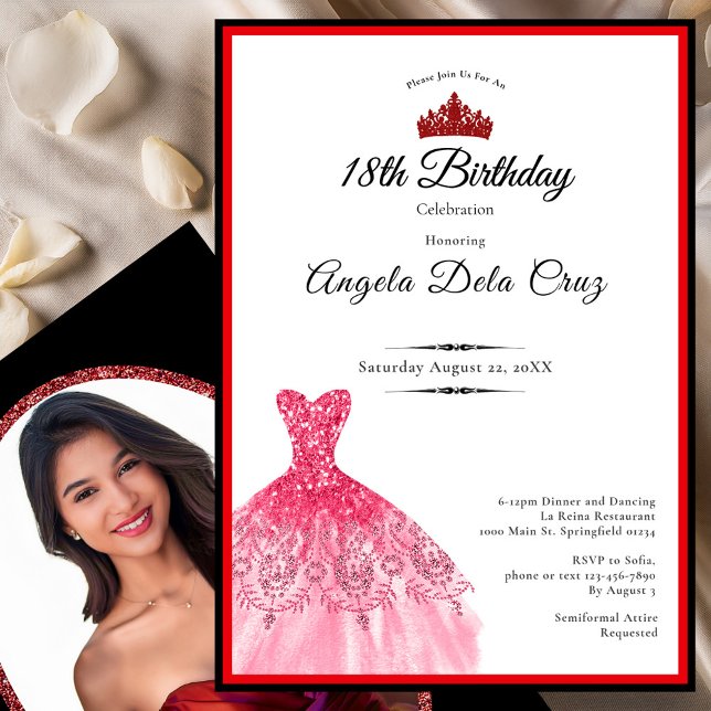 Convite Elegant red dress 18th birthday debut (Criador carregado)