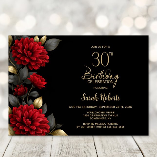 Convite Elegant Red Floral Black 30th Birthday Party (Criador carregado)