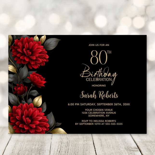 Convite Elegant Red Floral Black 80th Birthday Party (Criador carregado)