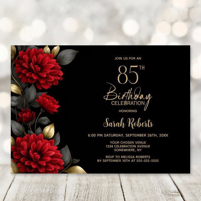 Convite Elegant Red Floral Black 85th Birthday Party (Criador carregado)