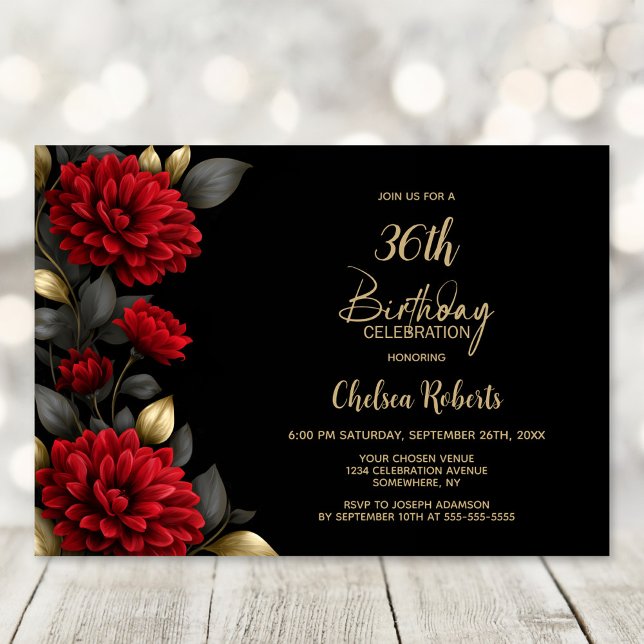Convite Elegant Red Floral Black Birthday Party (Criador carregado)